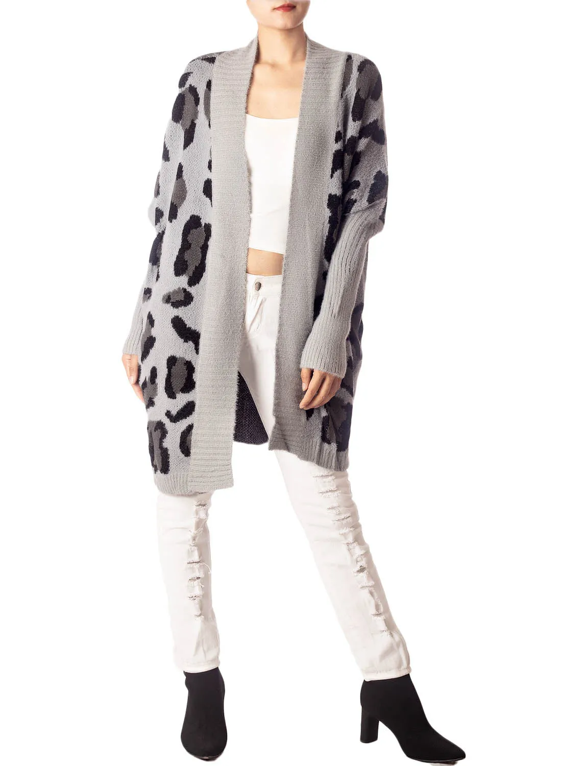 iB-iP Women's Leopard Sweater Loose Oversized Casual Long Sleeve Cardigan