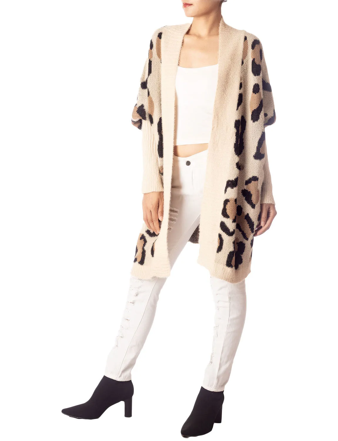 iB-iP Women's Leopard Sweater Loose Oversized Casual Long Sleeve Cardigan