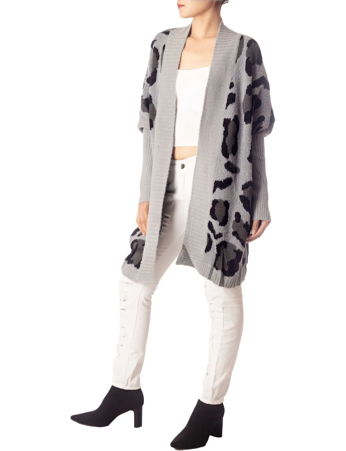 iB-iP Women's Leopard Sweater Loose Oversized Casual Long Sleeve Cardigan