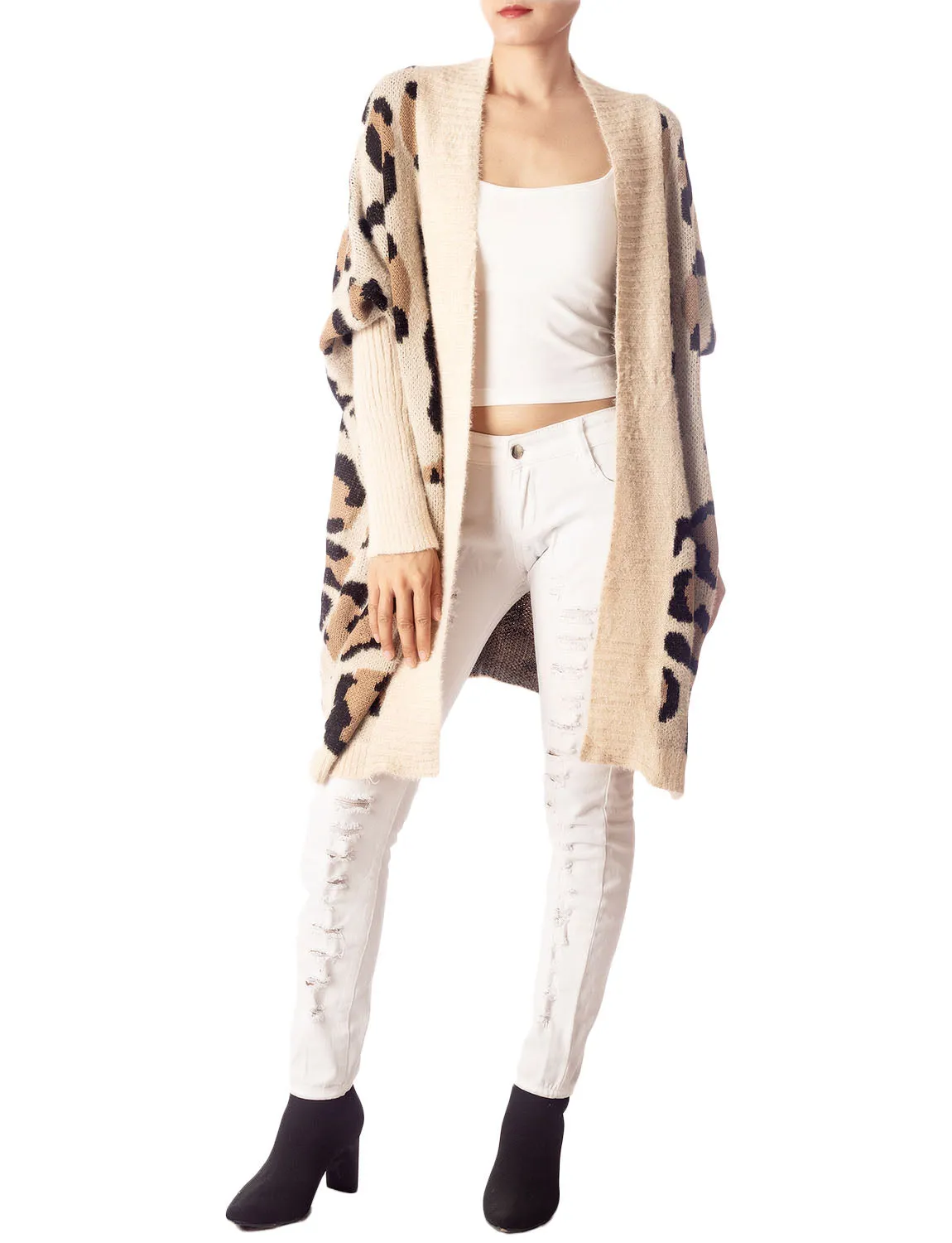 iB-iP Women's Leopard Sweater Loose Oversized Casual Long Sleeve Cardigan