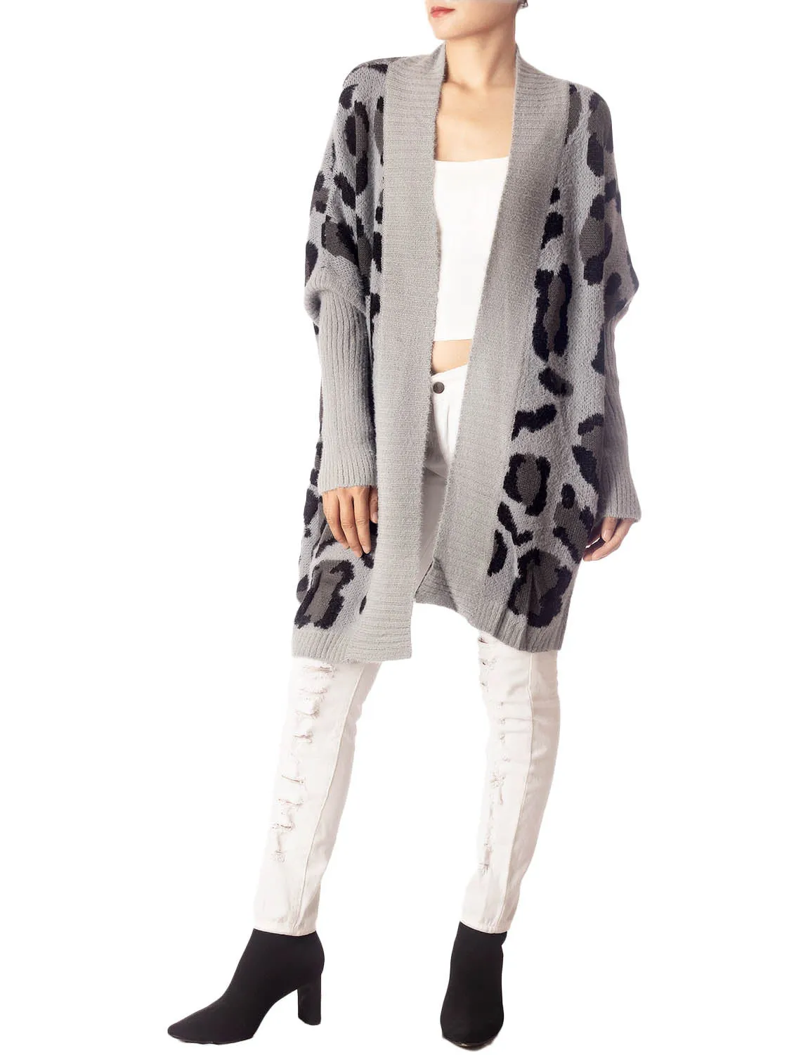 iB-iP Women's Leopard Sweater Loose Oversized Casual Long Sleeve Cardigan