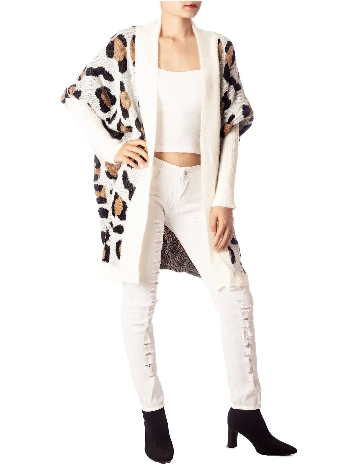 iB-iP Women's Leopard Sweater Loose Oversized Casual Long Sleeve Cardigan