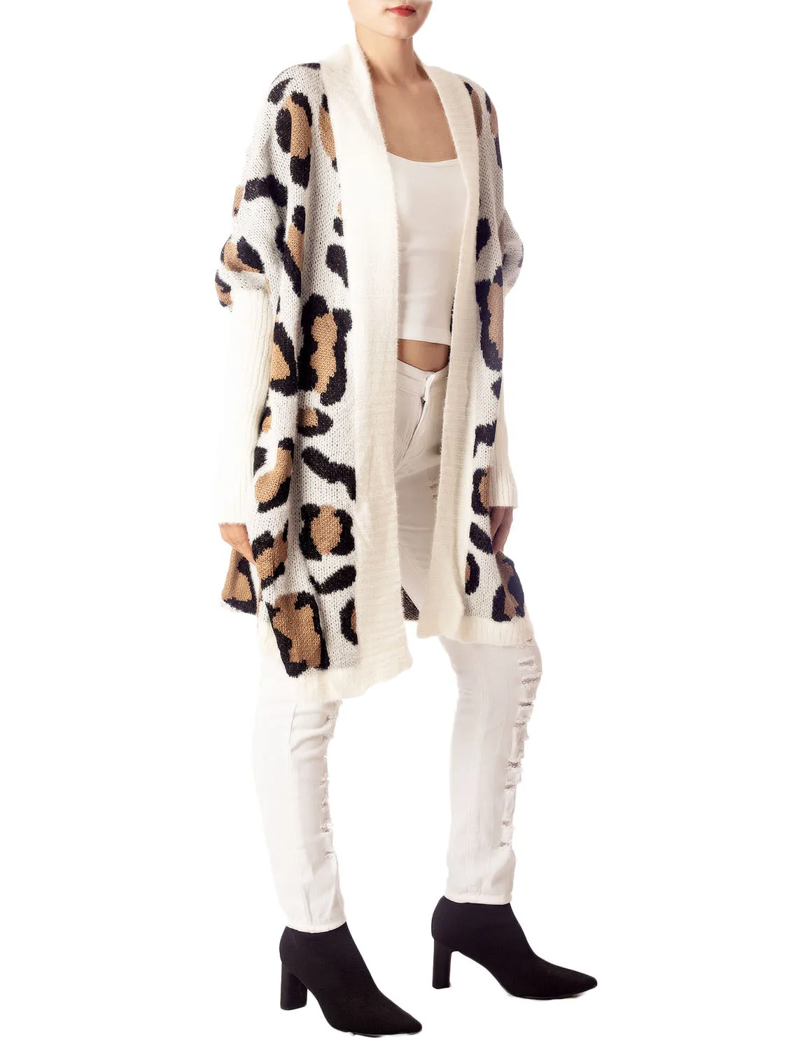 iB-iP Women's Leopard Sweater Loose Oversized Casual Long Sleeve Cardigan