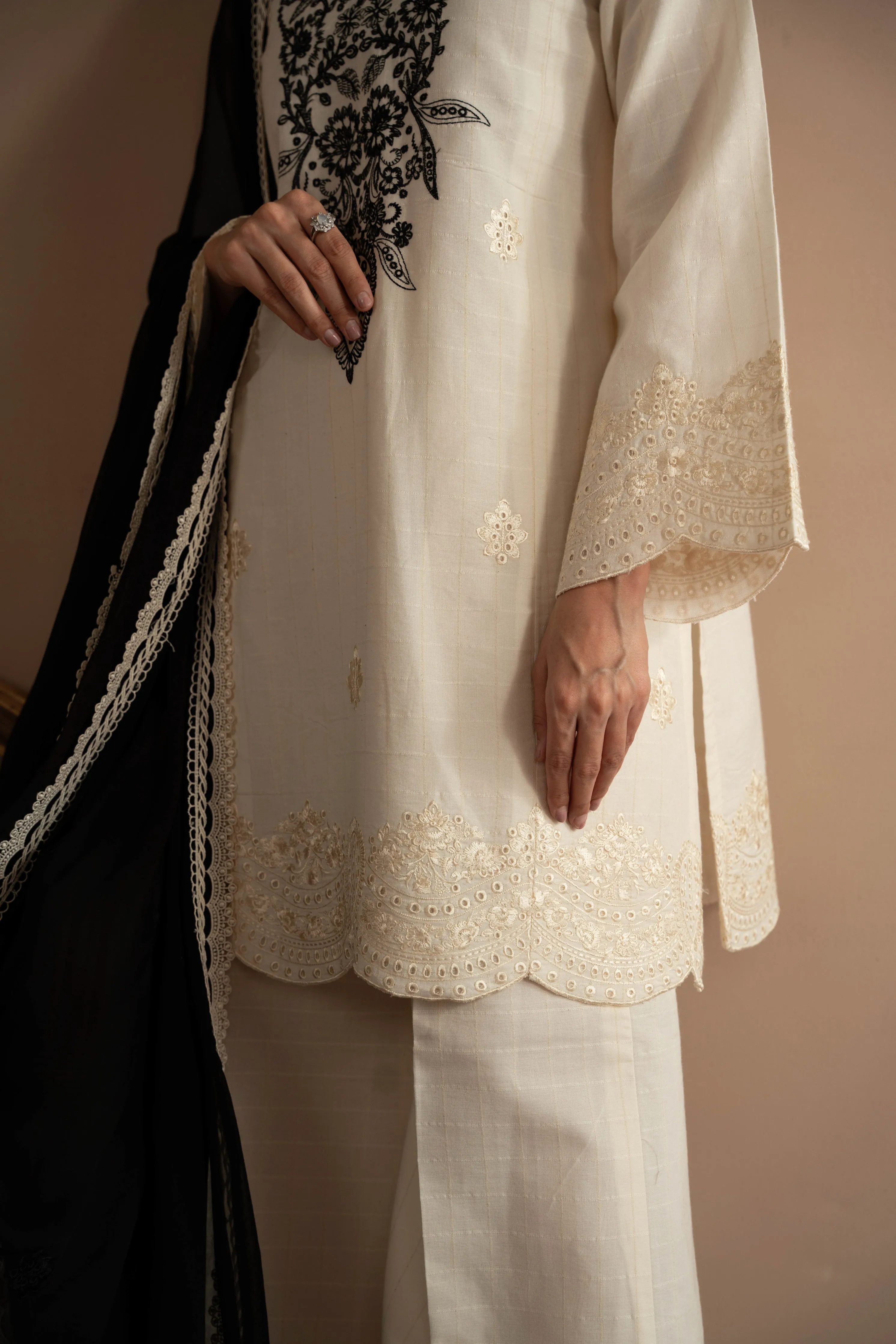 Ivory & Black Embroidered Set (Npa3-24423)