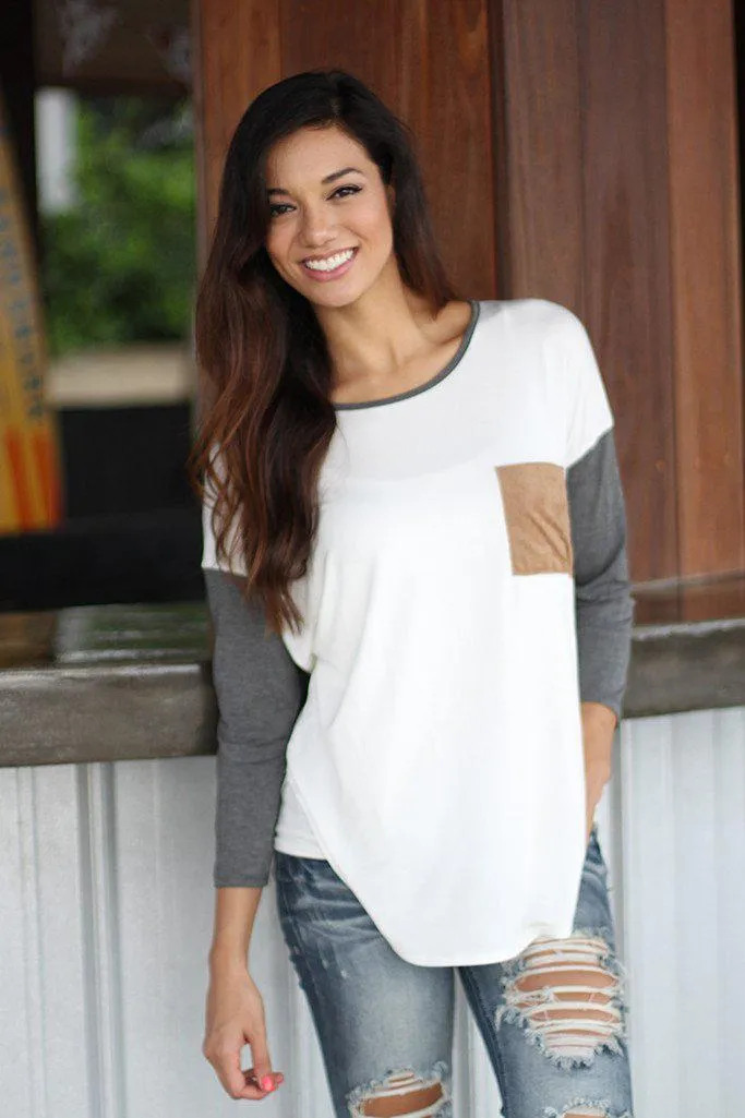 Ivory And Gray Top With Pocket