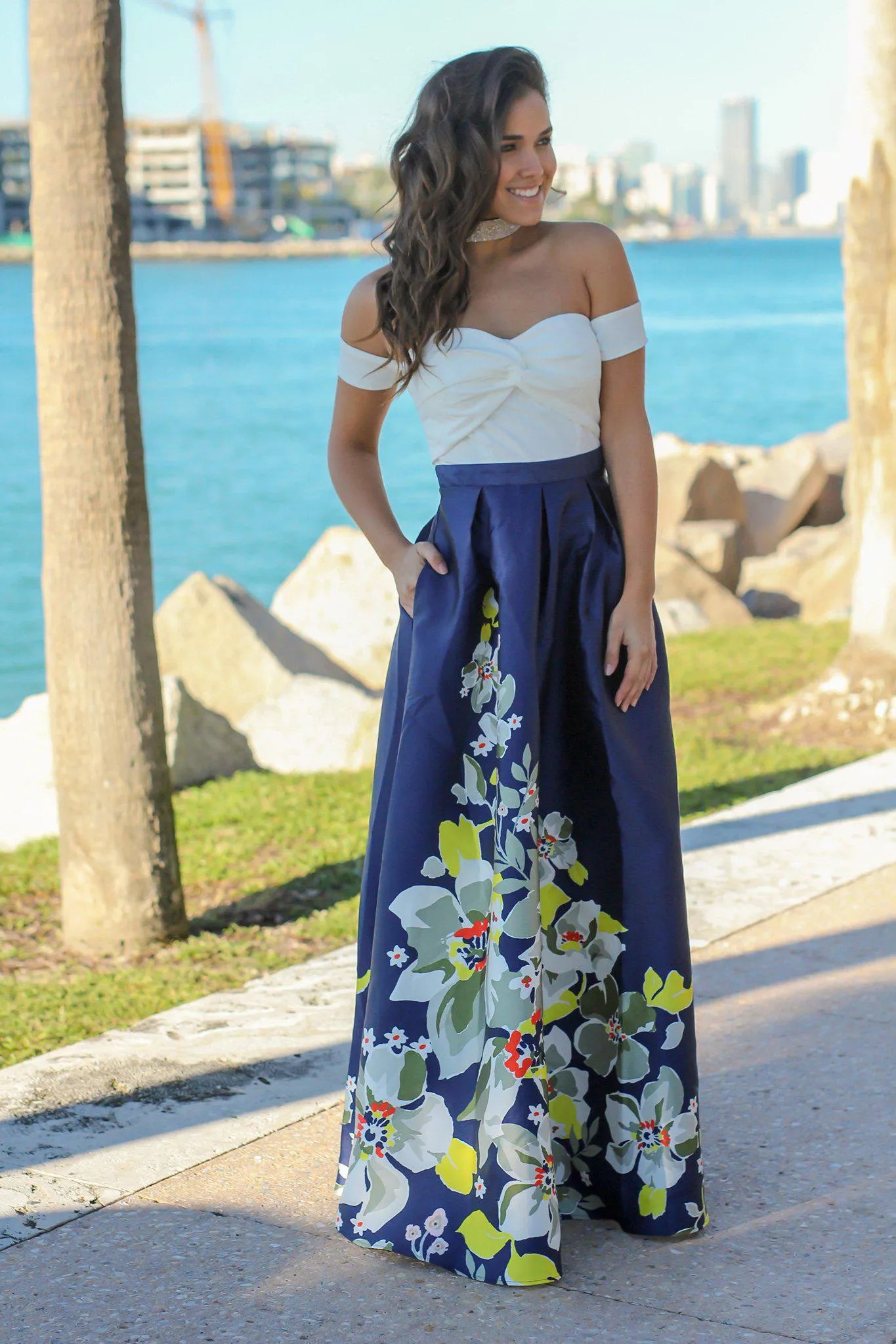 Ivory and Navy Off Shoulder Floral Maxi Dress