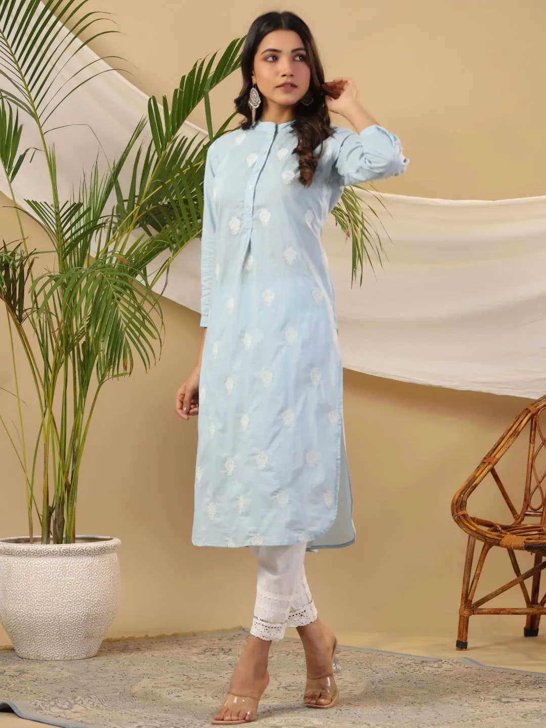 Jashvi Blue Ethnic Motif Printed Cotton Slub & Flex Kurta & Pants Set With Thread Embroidery