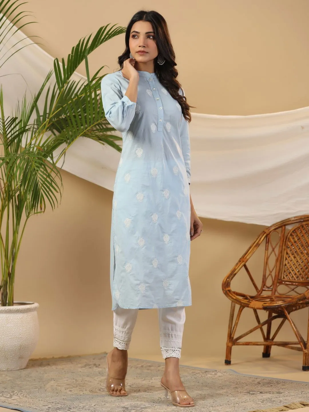 Jashvi Blue Ethnic Motif Printed Cotton Slub & Flex Kurta & Pants Set With Thread Embroidery