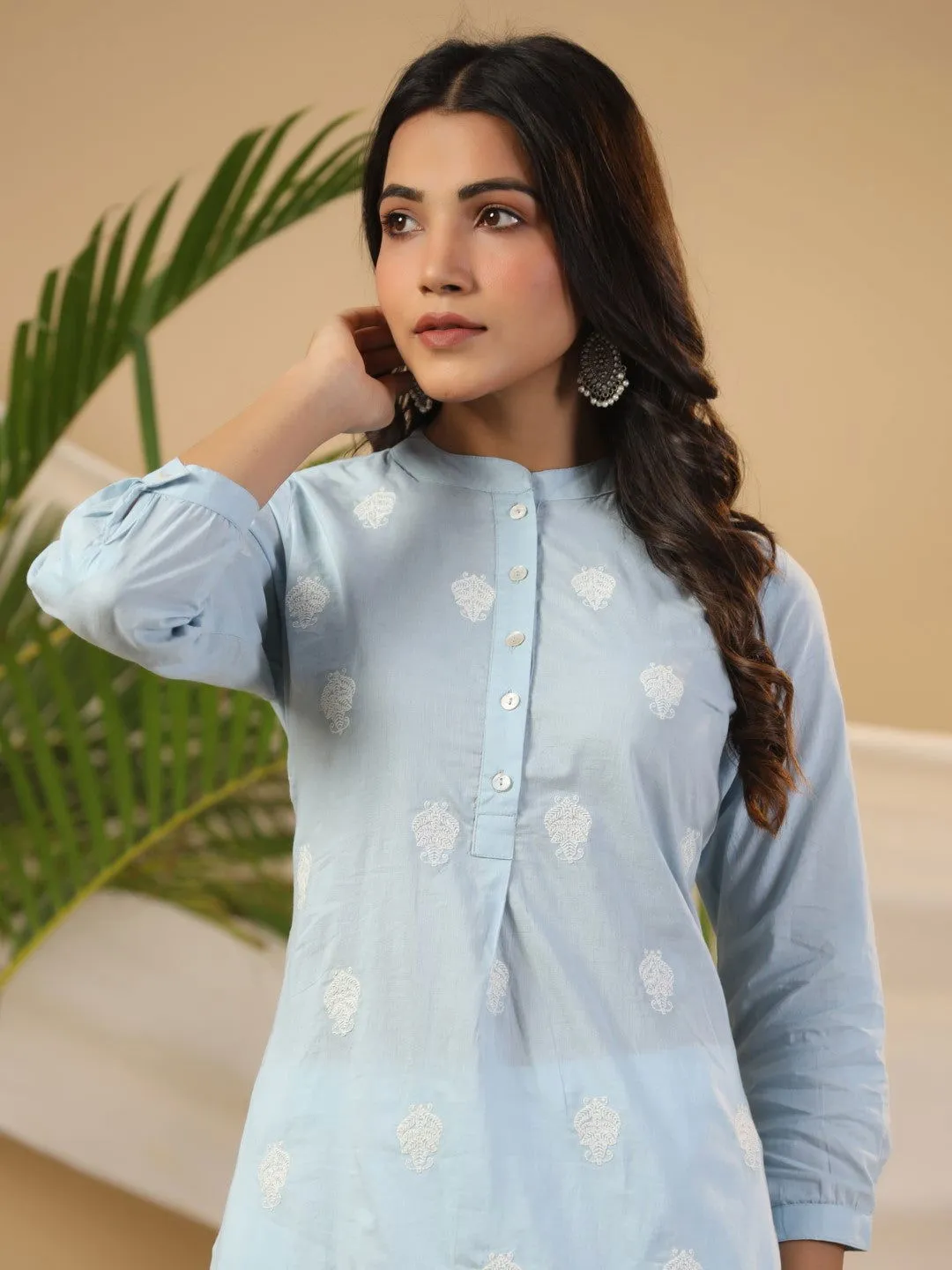 Jashvi Blue Ethnic Motif Printed Cotton Slub & Flex Kurta & Pants Set With Thread Embroidery