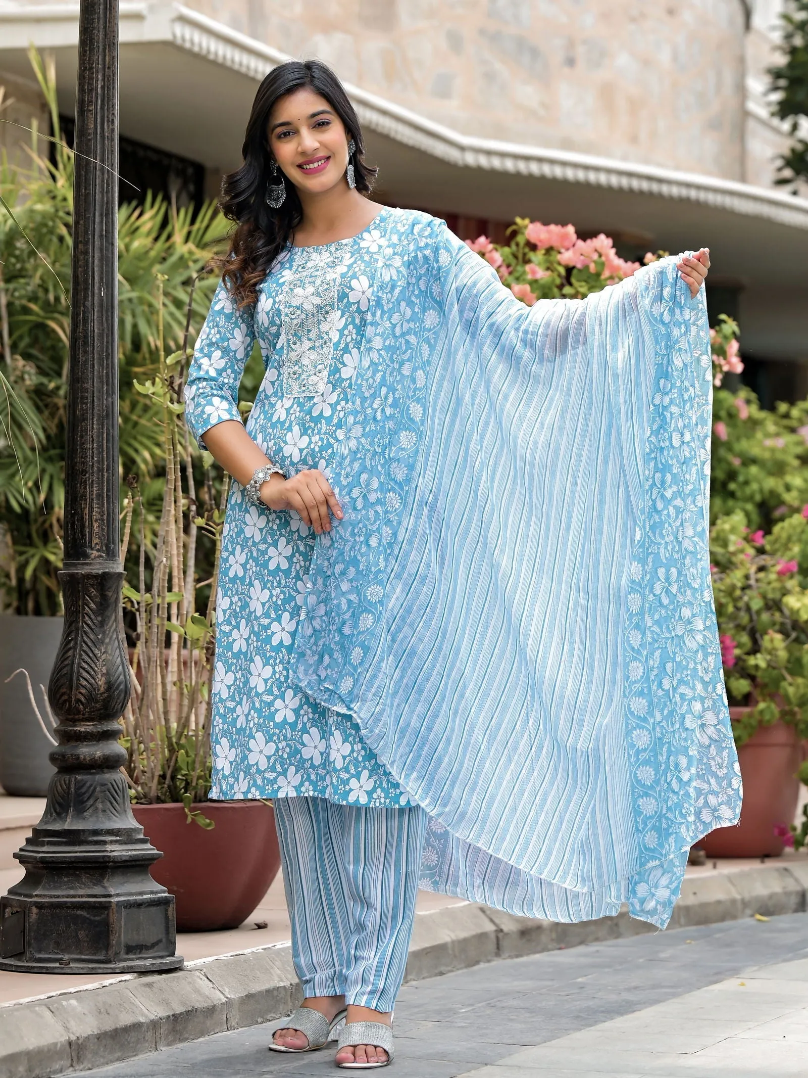 Jashvi Blue Floral Printed Cotton Kurta, Pant And Dupatta Set With Thread & Mirror Work