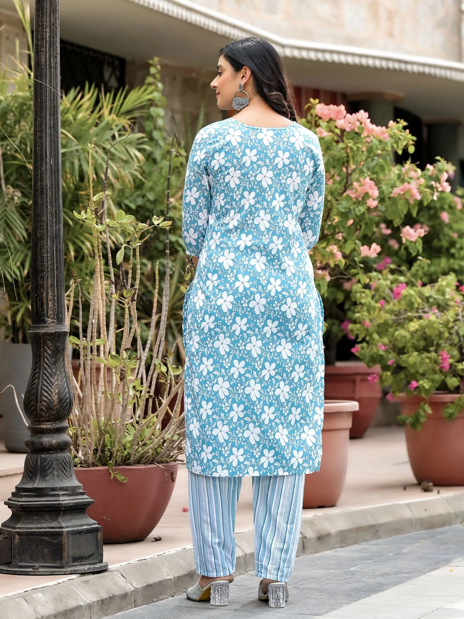 Jashvi Blue Floral Printed Cotton Kurta, Pant And Dupatta Set With Thread & Mirror Work