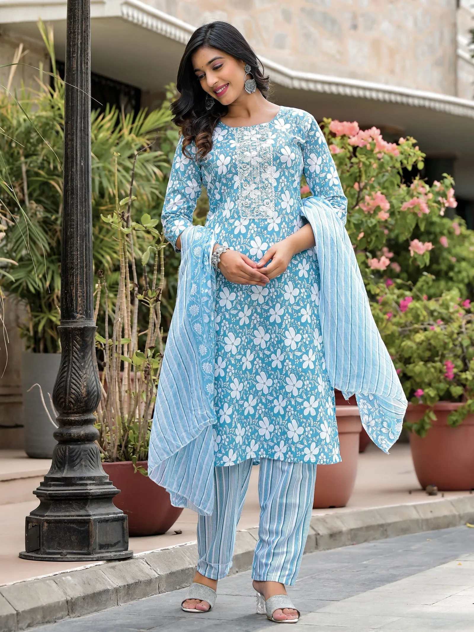 Jashvi Blue Floral Printed Cotton Kurta, Pant And Dupatta Set With Thread & Mirror Work