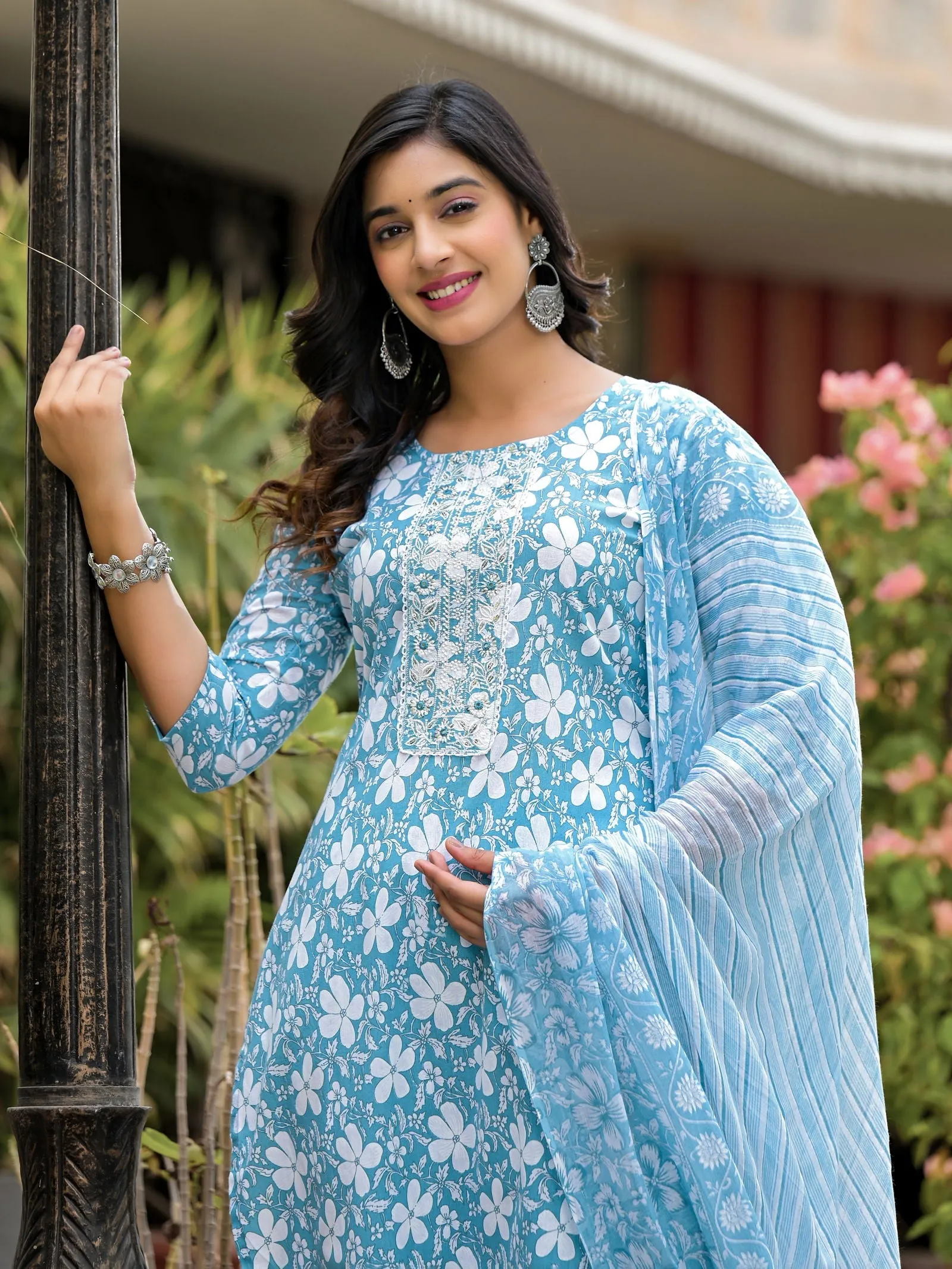 Jashvi Blue Floral Printed Cotton Kurta, Pant And Dupatta Set With Thread & Mirror Work