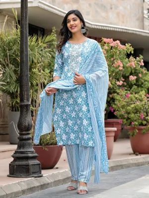 Jashvi Blue Floral Printed Cotton Kurta, Pant And Dupatta Set With Thread & Mirror Work