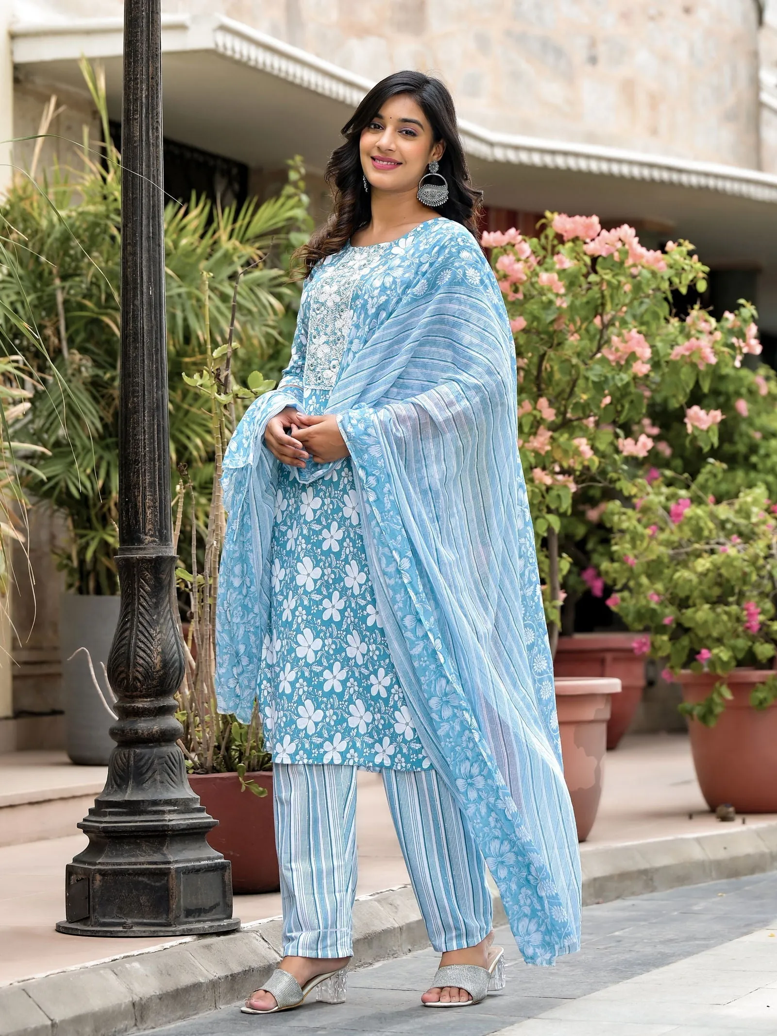 Jashvi Blue Floral Printed Cotton Kurta, Pant And Dupatta Set With Thread & Mirror Work