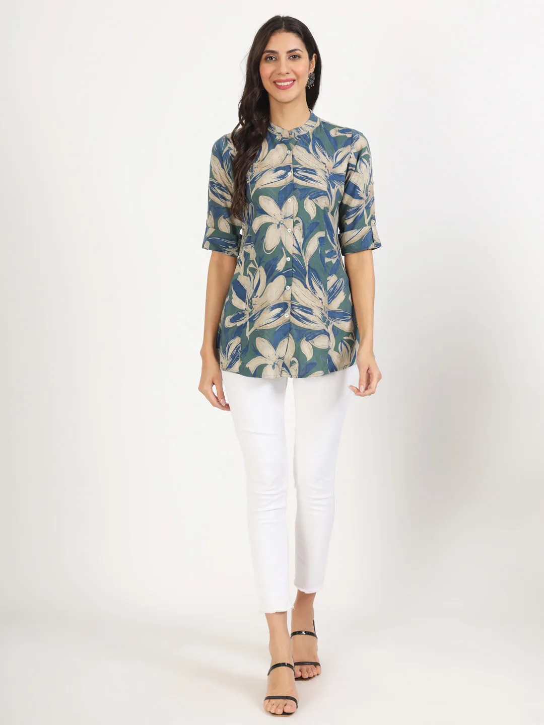 Jashvi Green Blue Floral Printed Rayon Top