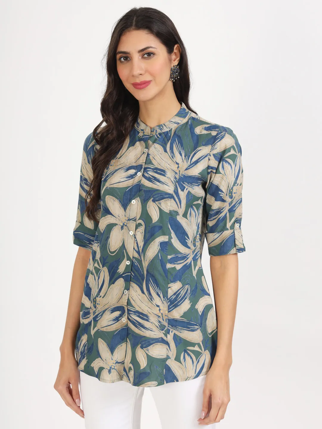 Jashvi Green Blue Floral Printed Rayon Top