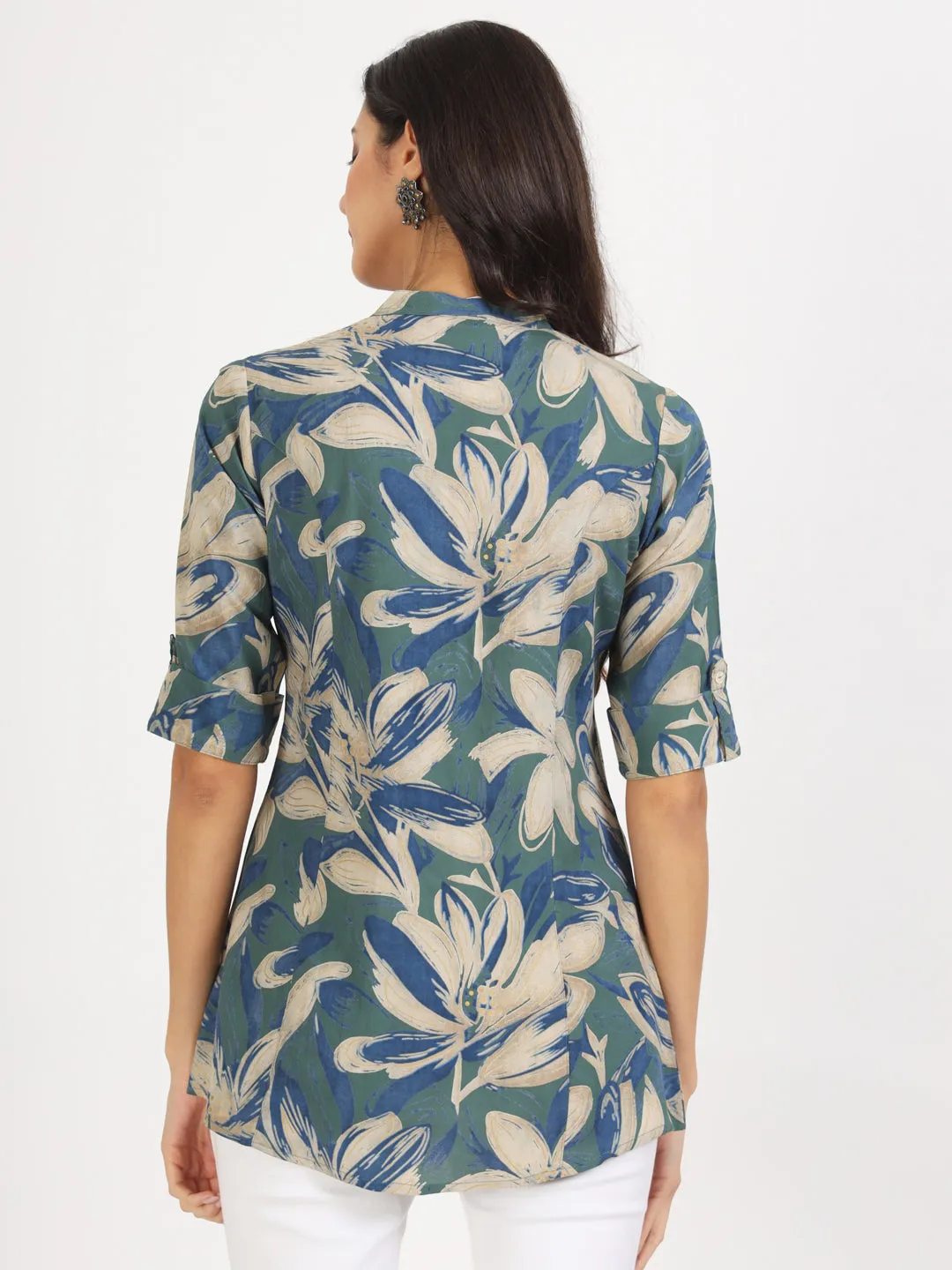 Jashvi Green Blue Floral Printed Rayon Top