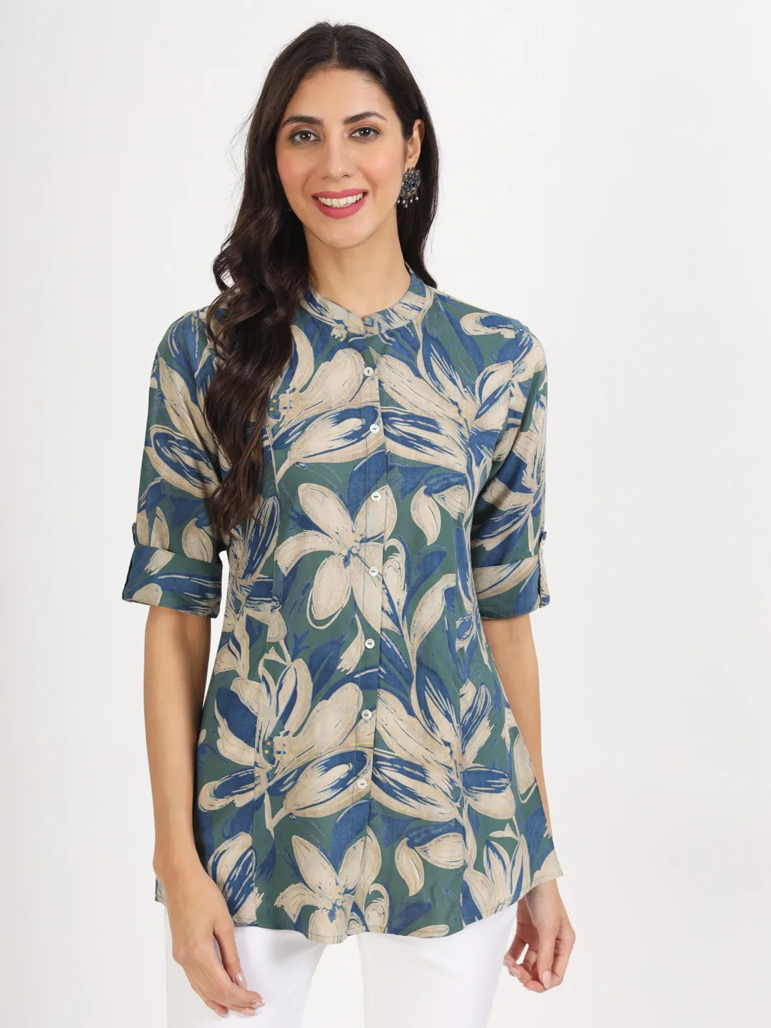 Jashvi Green Blue Floral Printed Rayon Top