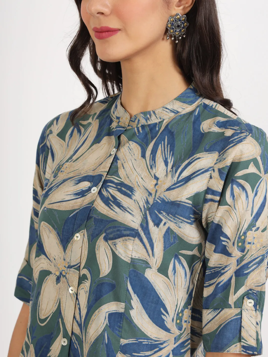 Jashvi Green Blue Floral Printed Rayon Top