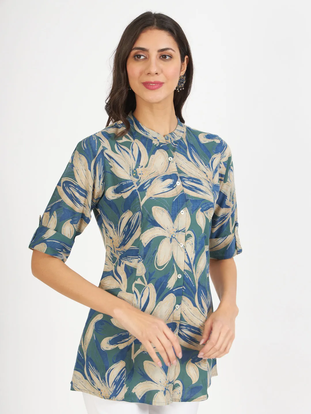 Jashvi Green Blue Floral Printed Rayon Top