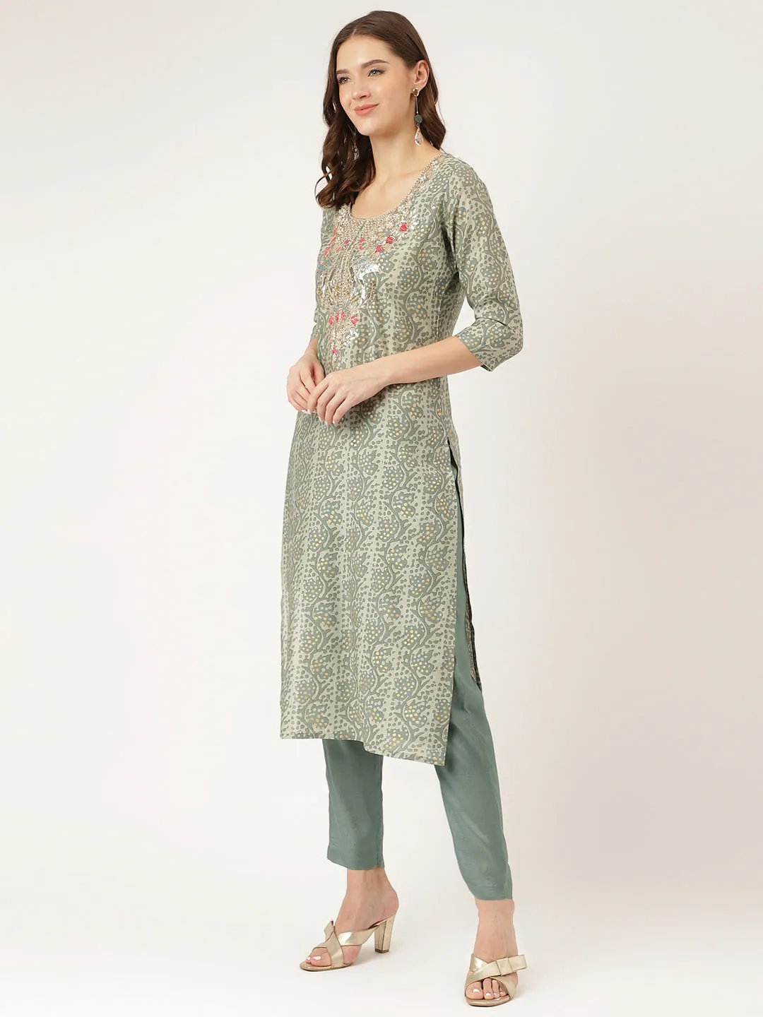 Jashvi Green Floral Print Chanderi Kurta, Trouser With Dupatta