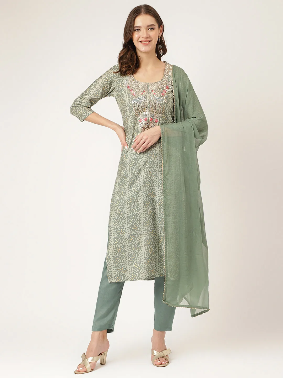 Jashvi Green Floral Print Chanderi Kurta, Trouser With Dupatta