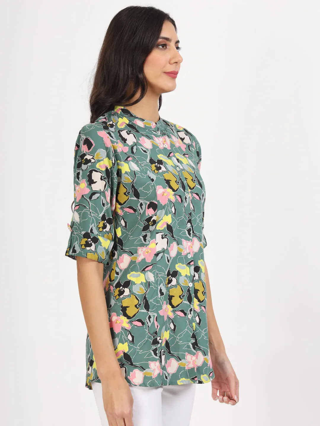 Jashvi Green Pink Floral Printed Rayon Top