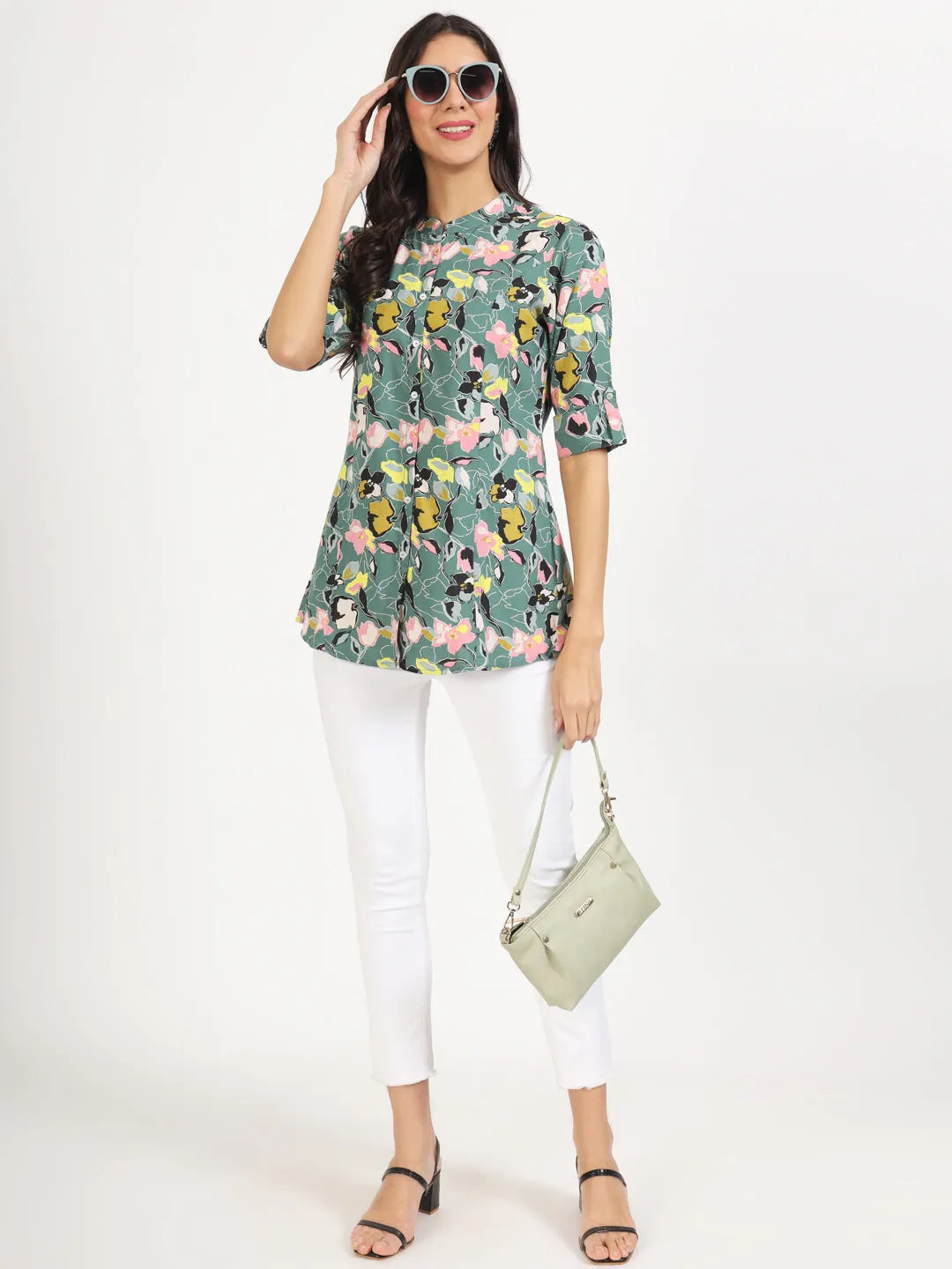 Jashvi Green Pink Floral Printed Rayon Top