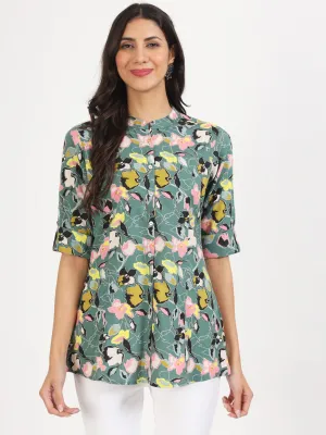 Jashvi Green Pink Floral Printed Rayon Top