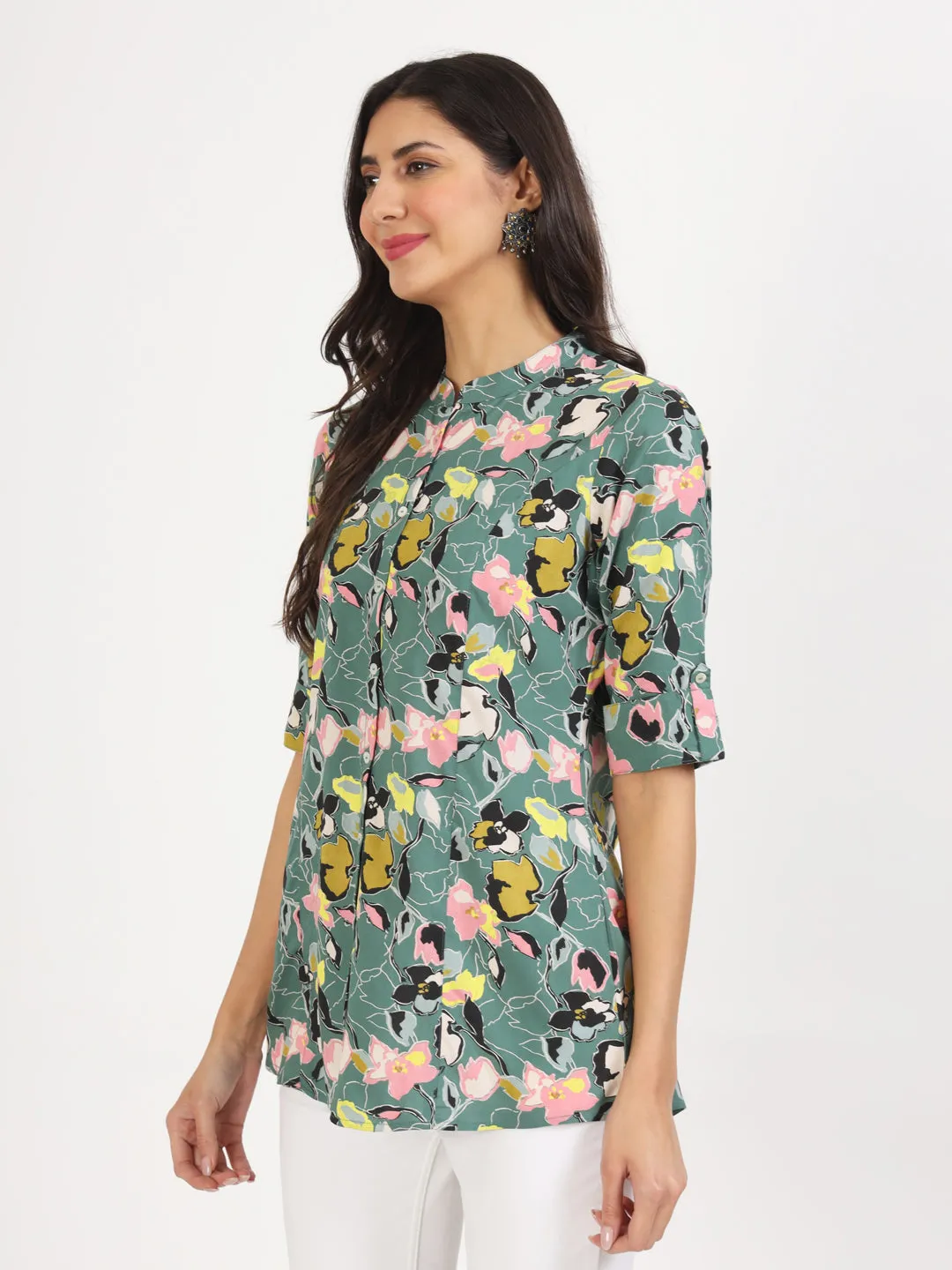 Jashvi Green Pink Floral Printed Rayon Top