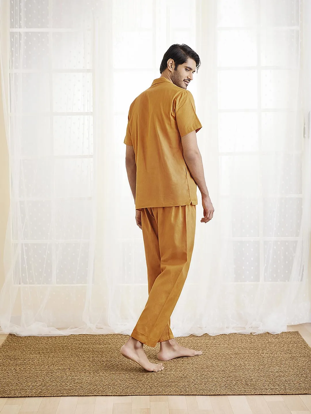 Jashvi Men's Dusty Saffron Cotton Kurta Pyjama Set