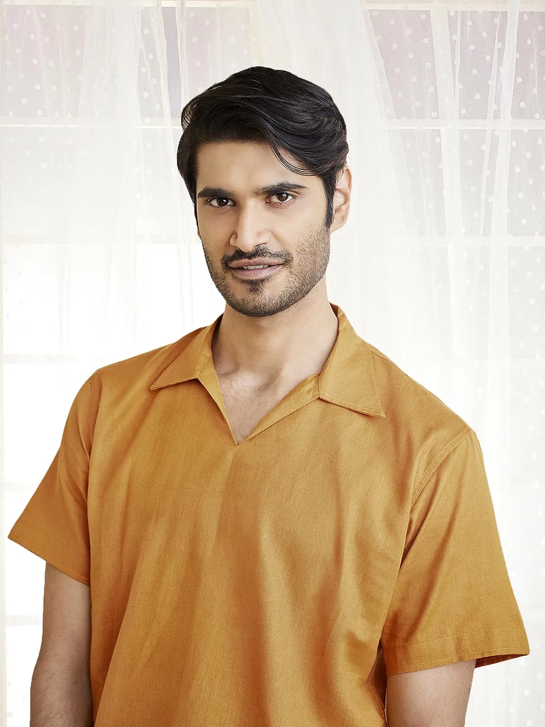 Jashvi Men's Dusty Saffron Cotton Kurta Pyjama Set