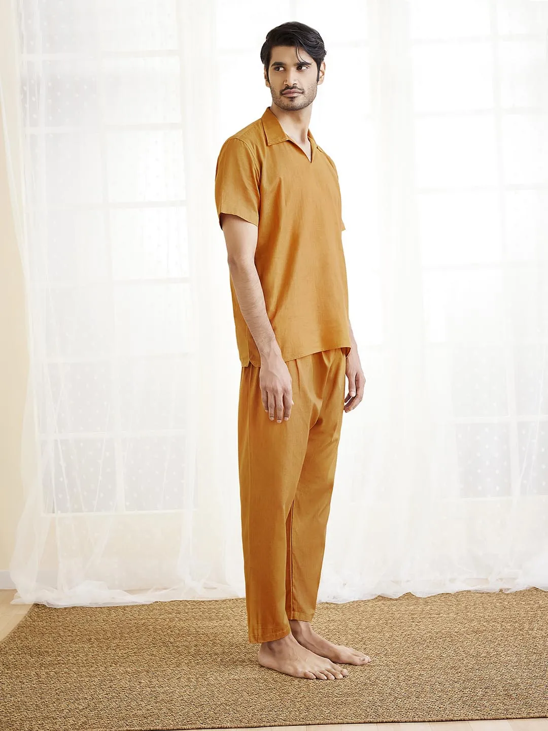 Jashvi Men's Dusty Saffron Cotton Kurta Pyjama Set