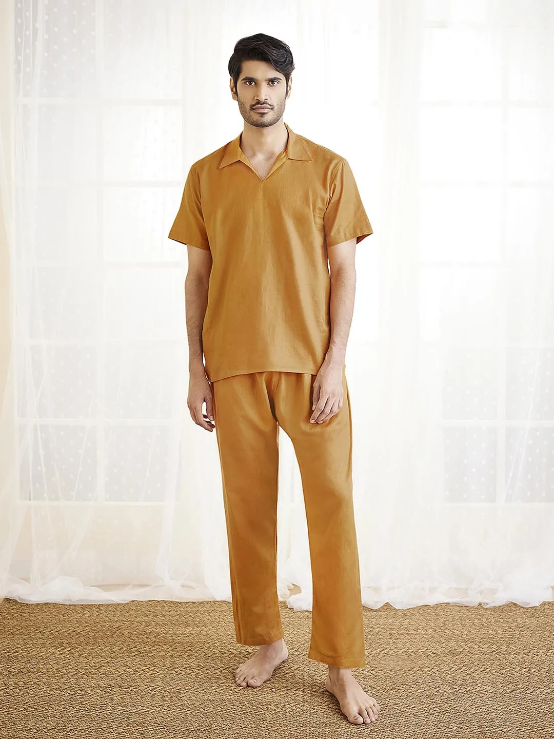 Jashvi Men's Dusty Saffron Cotton Kurta Pyjama Set