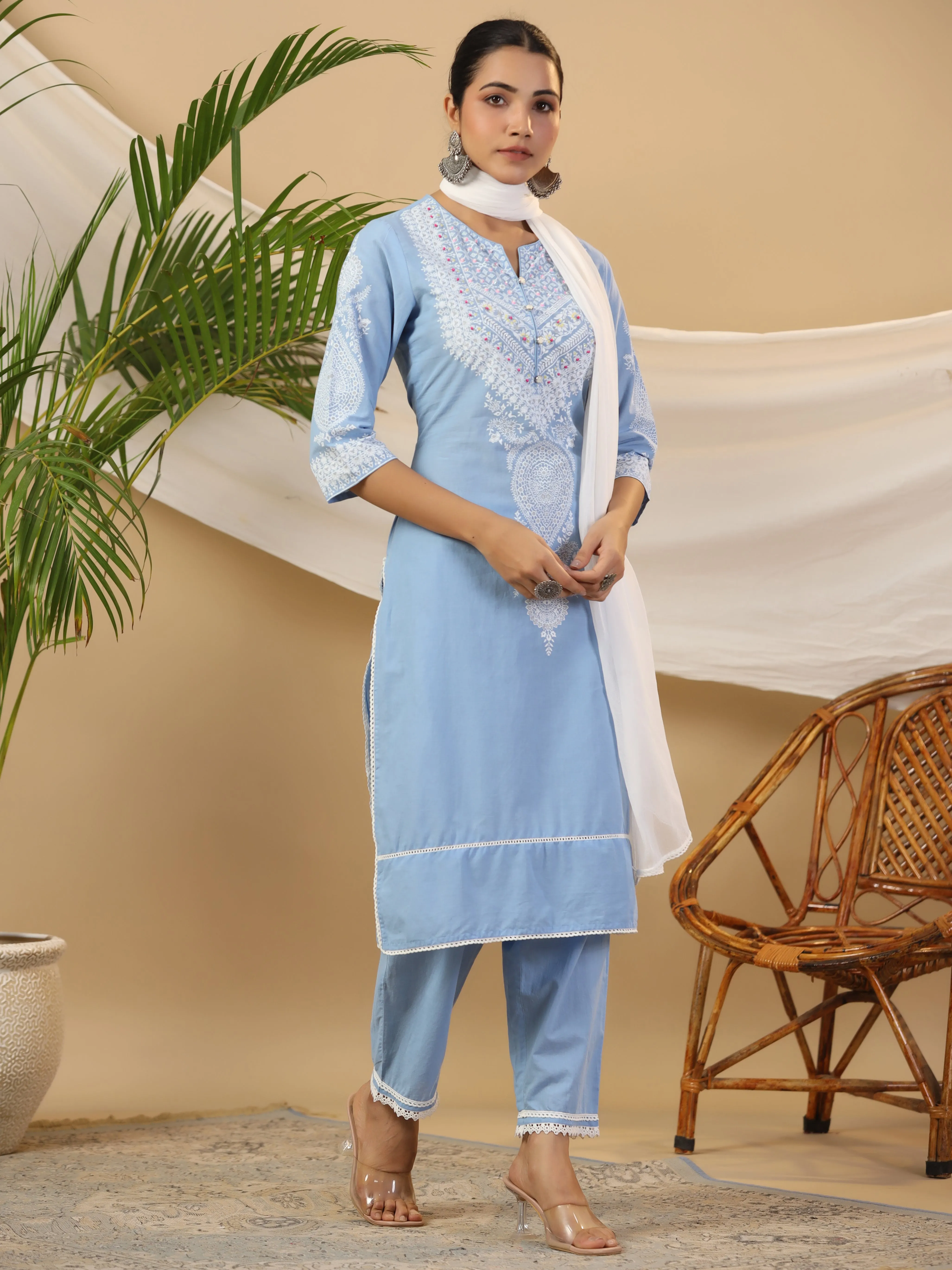 Jashvi The Rooh Pure Cotton Blue Ethnic Motif Print Kurta With Pants & Dupatta Set With Bead & Sequin Work