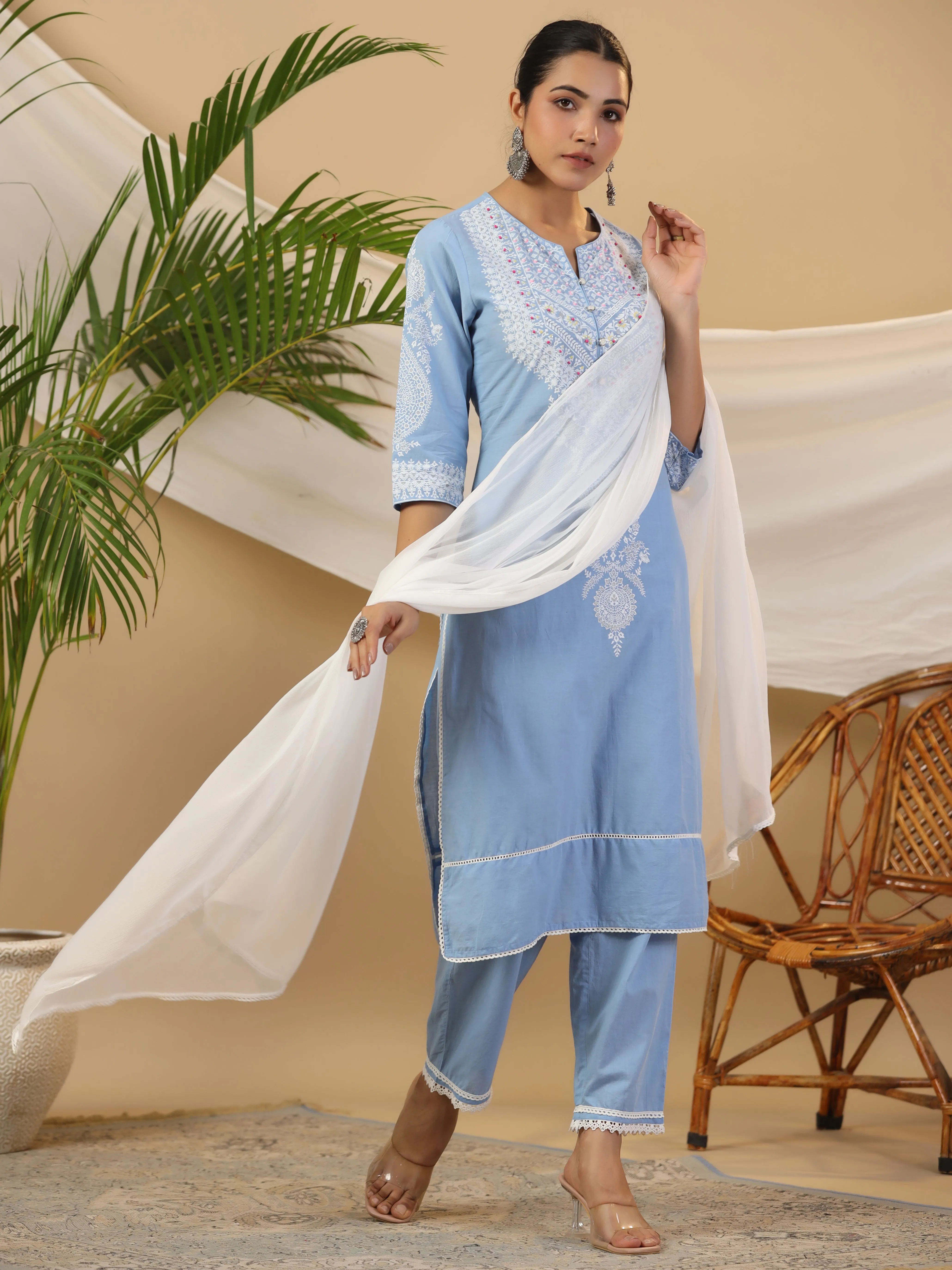 Jashvi The Rooh Pure Cotton Blue Ethnic Motif Print Kurta With Pants & Dupatta Set With Bead & Sequin Work