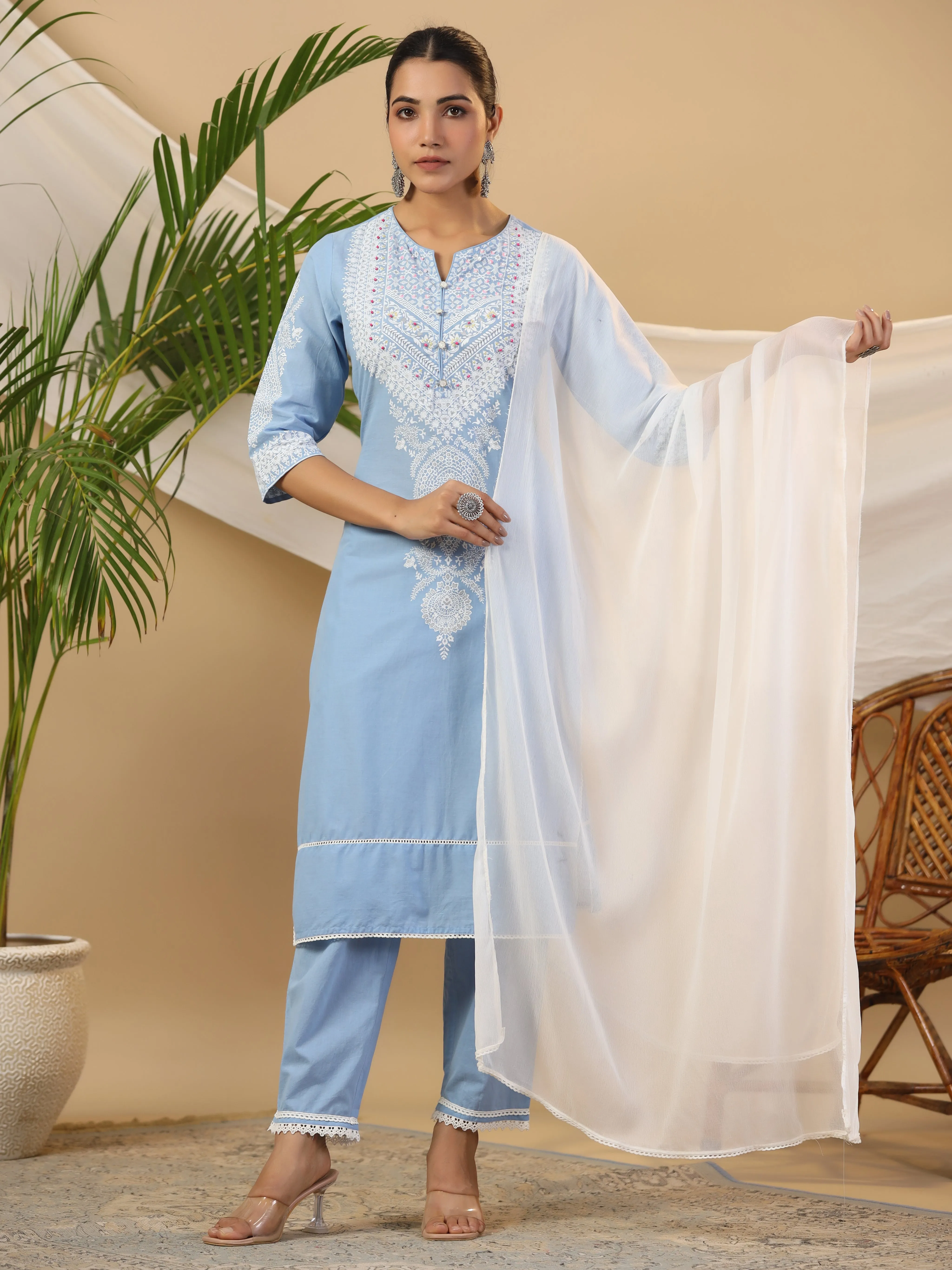 Jashvi The Rooh Pure Cotton Blue Ethnic Motif Print Kurta With Pants & Dupatta Set With Bead & Sequin Work