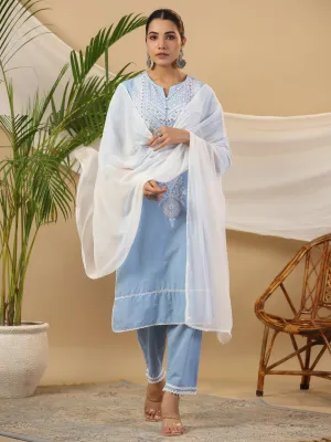 Jashvi The Rooh Pure Cotton Blue Ethnic Motif Print Kurta With Pants & Dupatta Set With Bead & Sequin Work