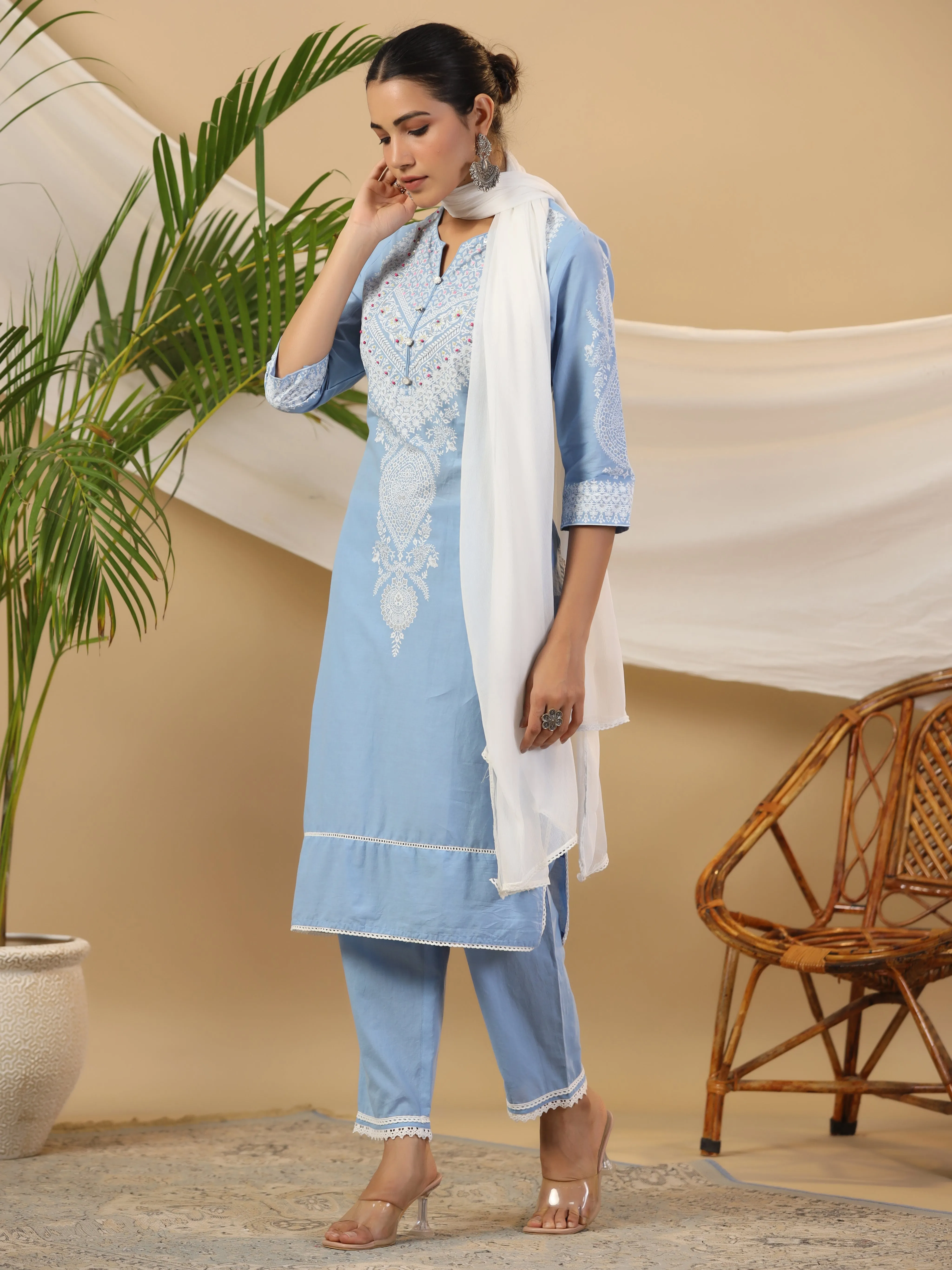 Jashvi The Rooh Pure Cotton Blue Ethnic Motif Print Kurta With Pants & Dupatta Set With Bead & Sequin Work