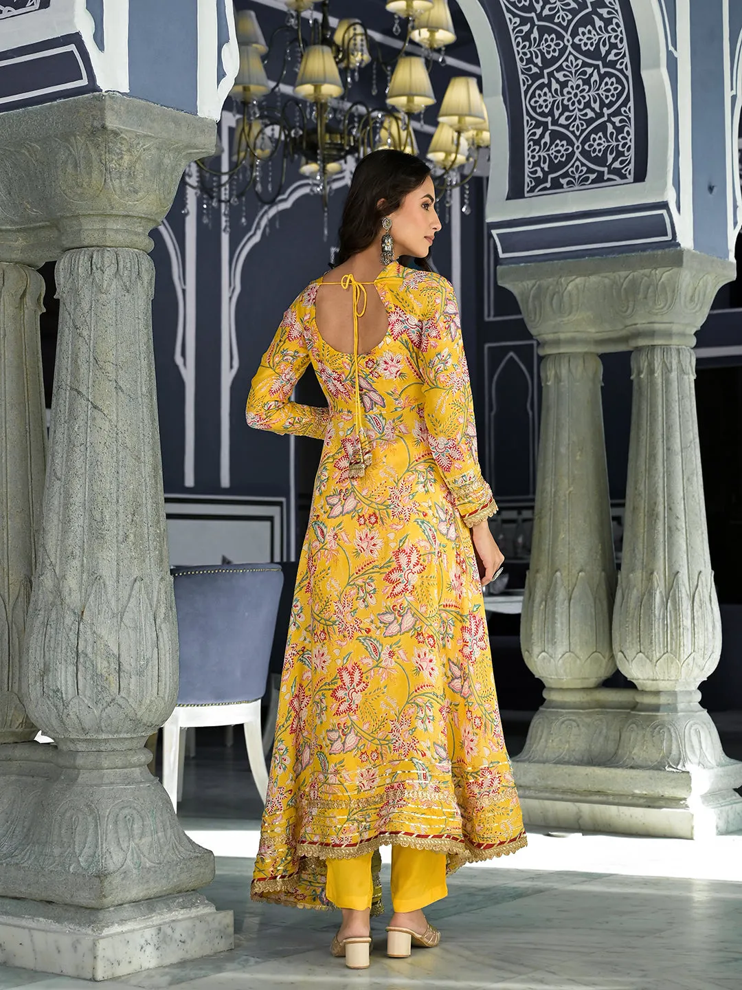 Jashvi Yellow Floral Printed Anarkali Muslin Kurta Trouser with Dupatta Set