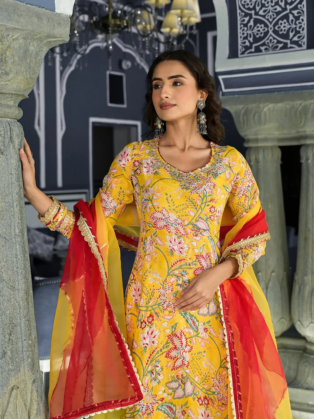 Jashvi Yellow Floral Printed Anarkali Muslin Kurta Trouser with Dupatta Set