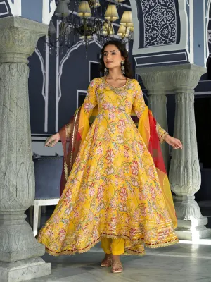 Jashvi Yellow Floral Printed Anarkali Muslin Kurta Trouser with Dupatta Set