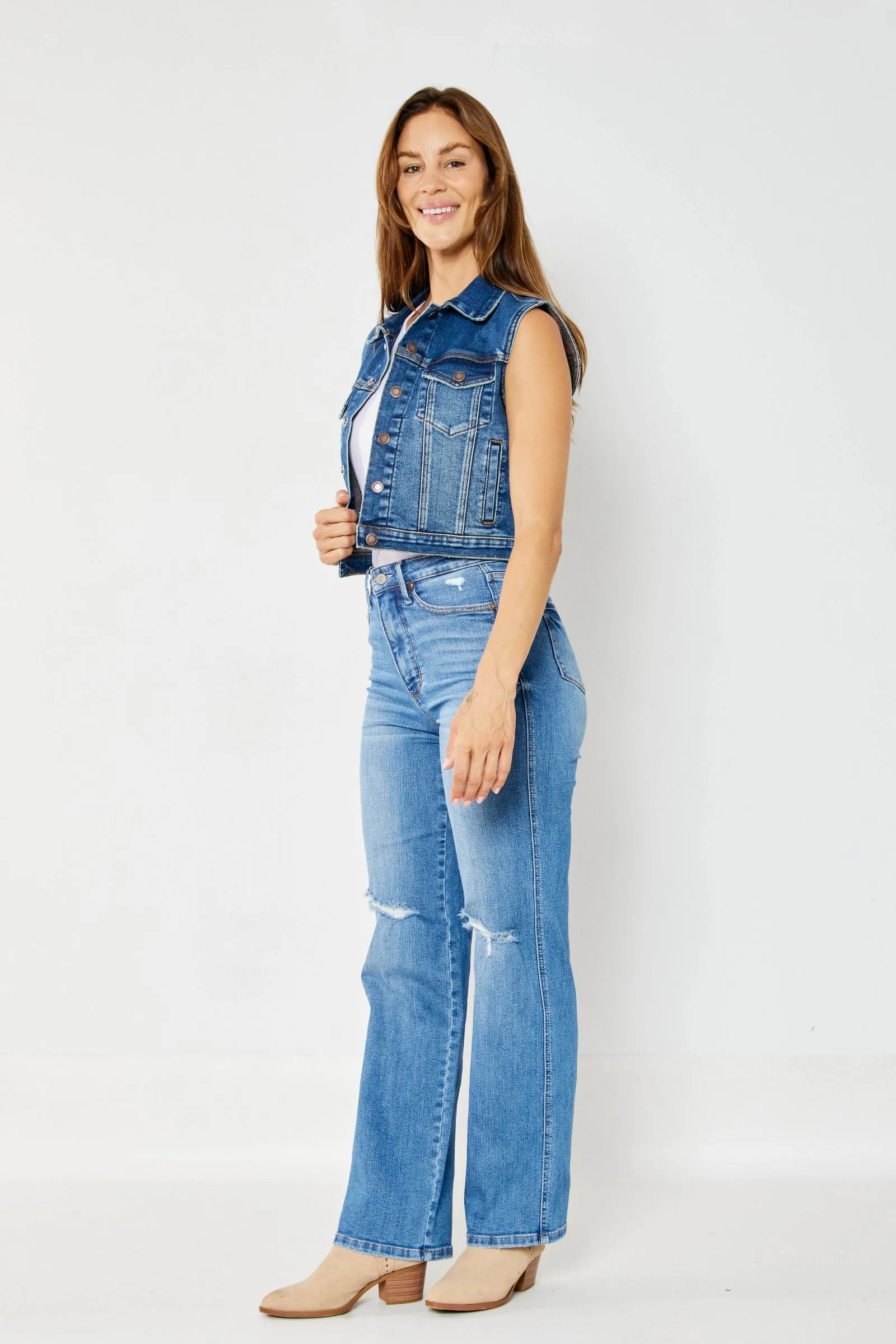 Judy Blue High Waist "Tummy Control" Knee Destroy Straight Denim 88785