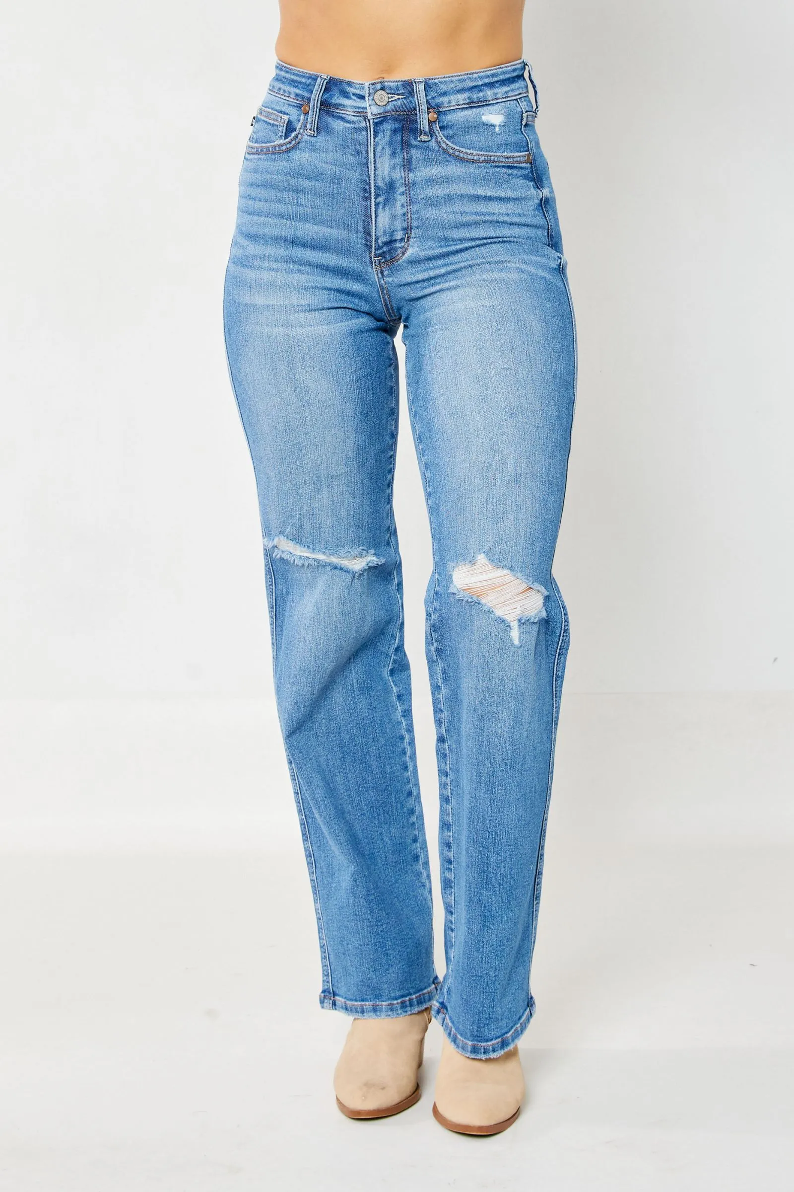 Judy Blue High Waist "Tummy Control" Knee Destroy Straight Denim 88785