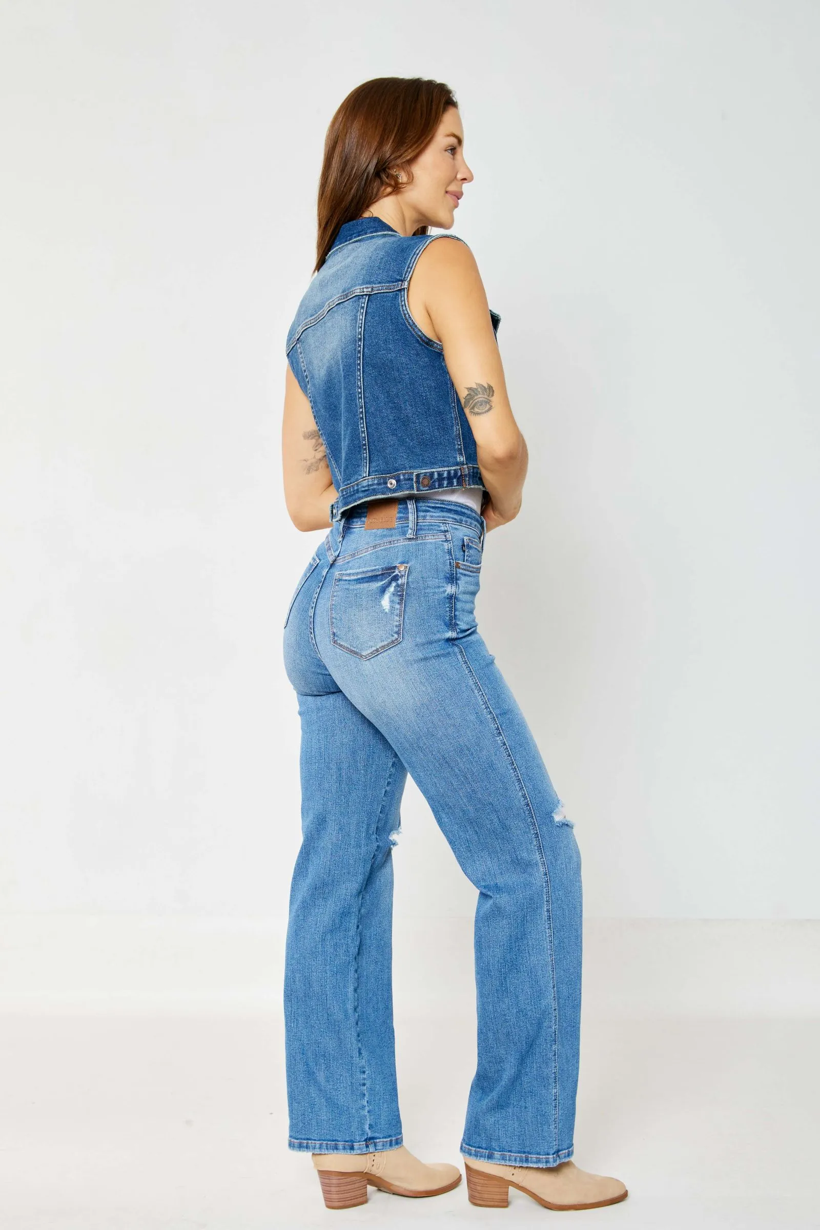 Judy Blue High Waist "Tummy Control" Knee Destroy Straight Denim 88785