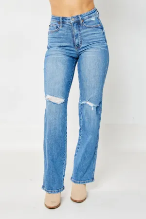 Judy Blue High Waist "Tummy Control" Knee Destroy Straight Denim 88785