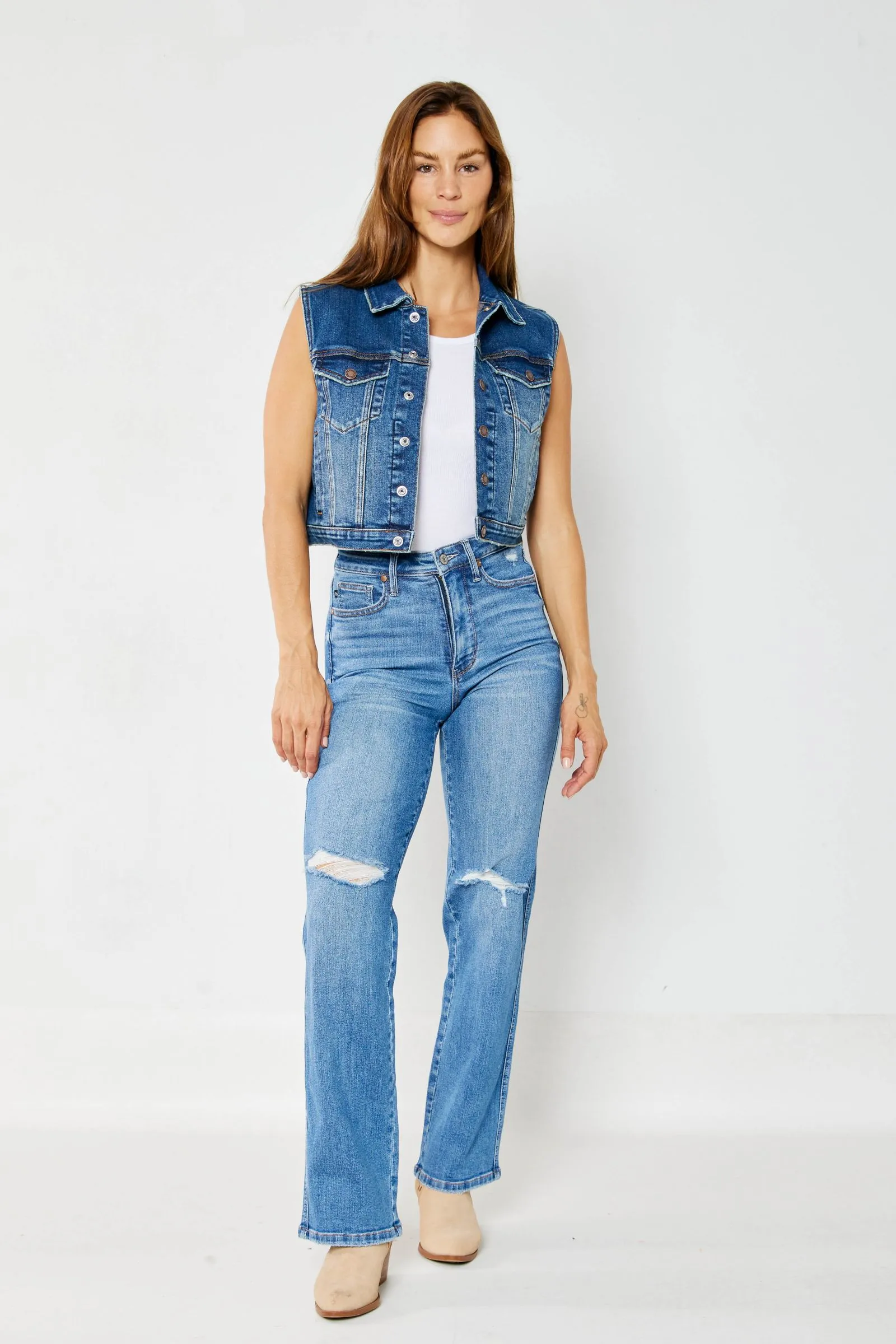 Judy Blue High Waist "Tummy Control" Knee Destroy Straight Denim 88785