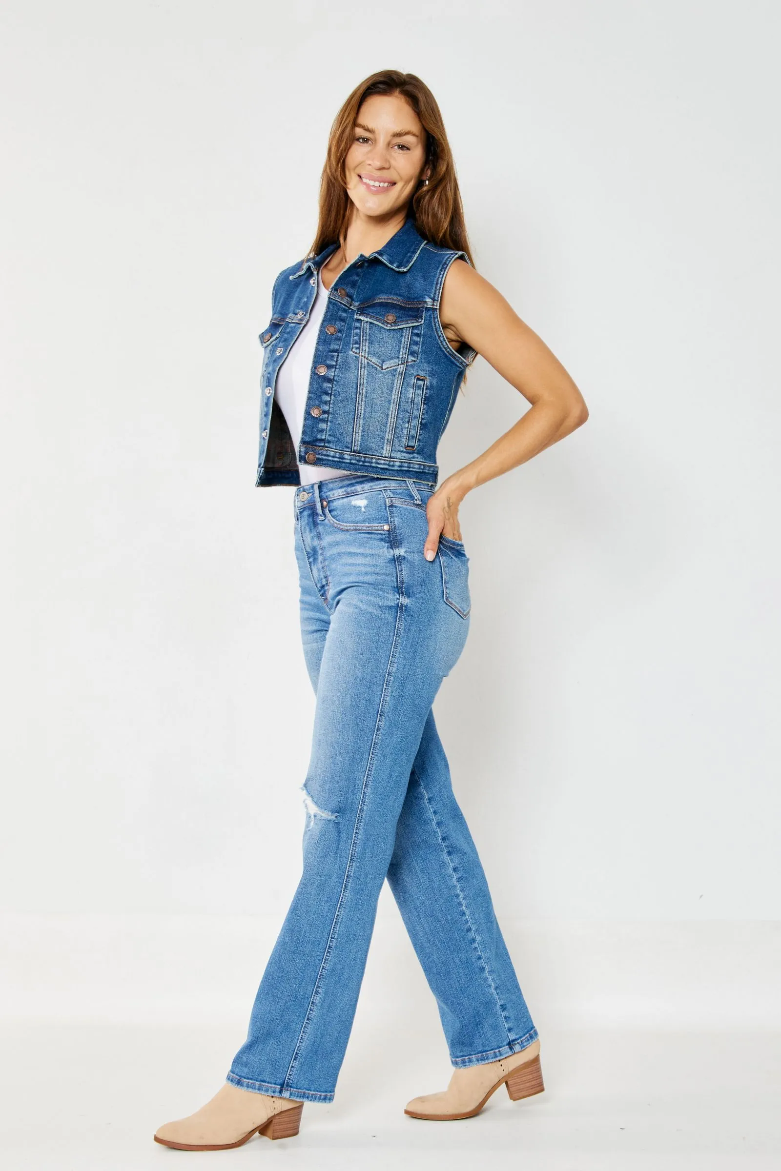 Judy Blue High Waist "Tummy Control" Knee Destroy Straight Denim 88785