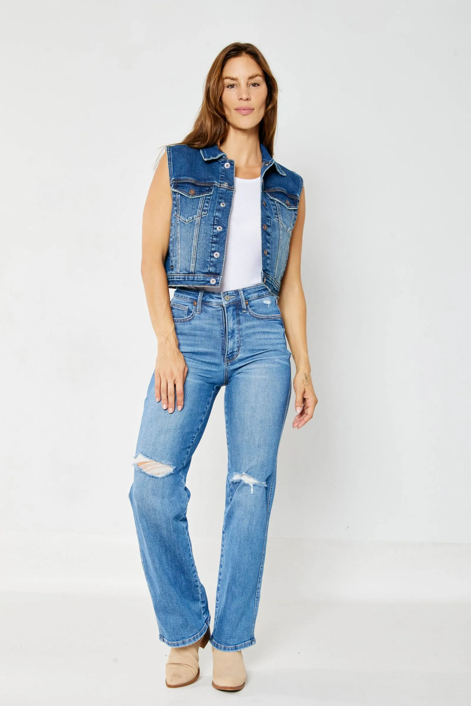 Judy Blue High Waist "Tummy Control" Knee Destroy Straight Denim 88785